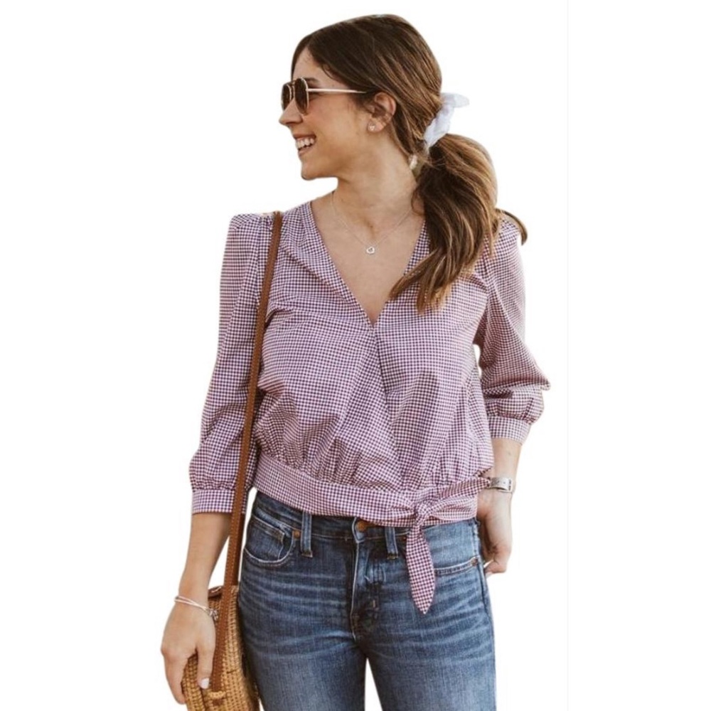 Madewell Cross front Wrap Gingham Blouse
